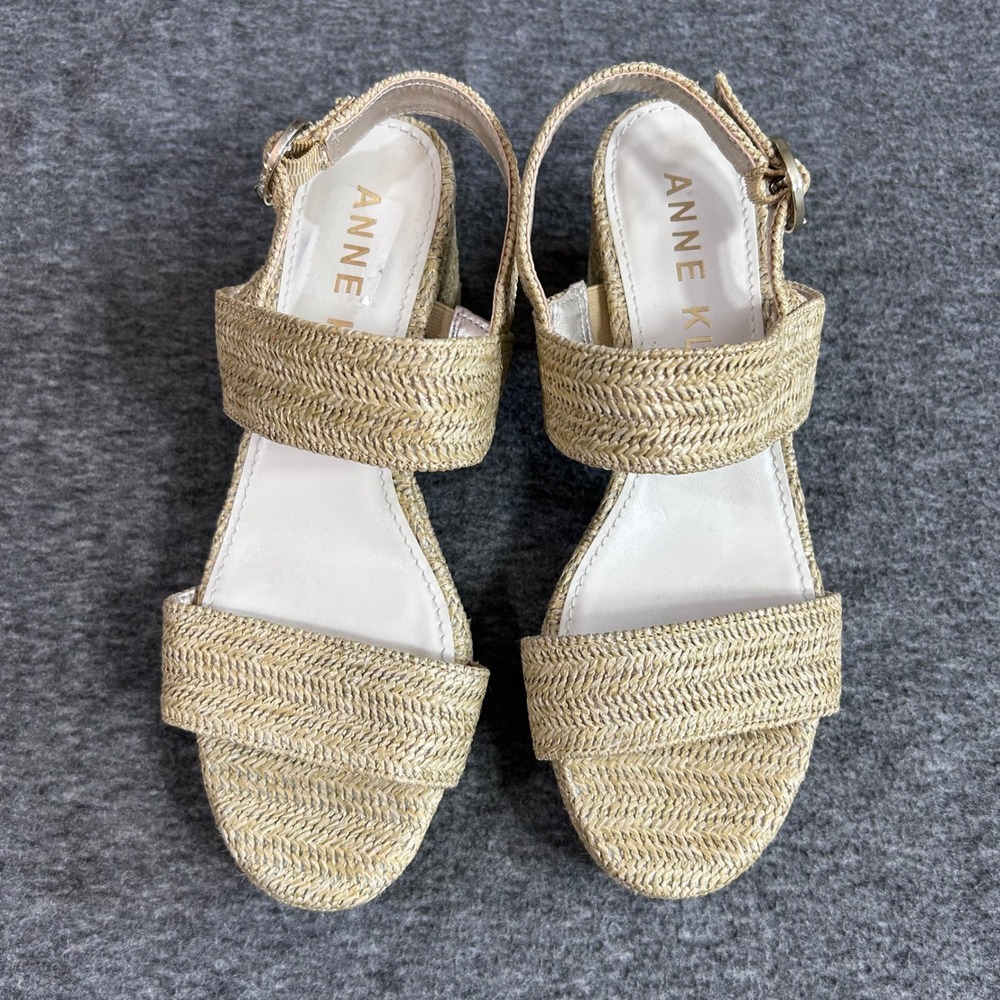 Anne Klein Padrino Woven Straw Block Heel Sandals Beige Tan Womens 7.5 M